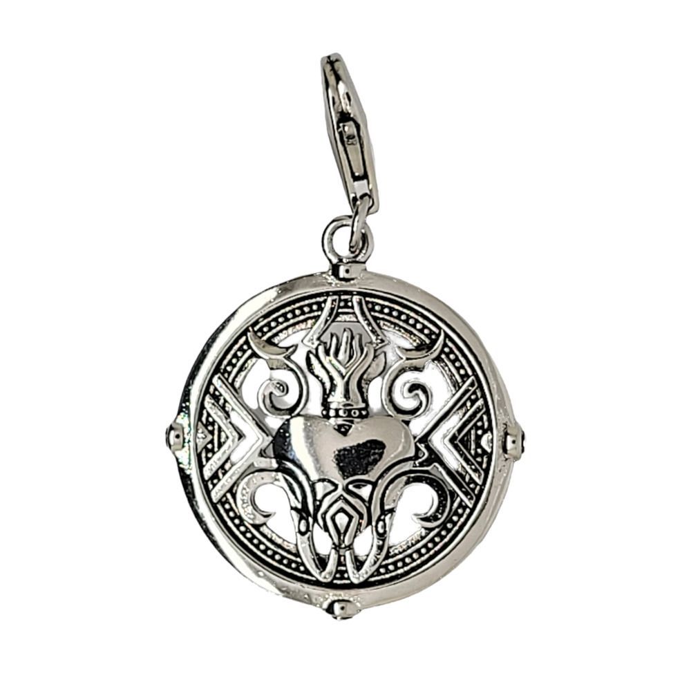 Antiqued Rhodium Plated 925 Sterling Silver Burning Heart Medallion Coin Charm